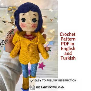 Coraline Häkelpuppe, Coraline Jones Häkelanleitung, Amigurumi Coraline Puppenmuster, Coraline Englisch Pdf, Häkelpuppe, einfach zu häkeln, handgemachte Puppe