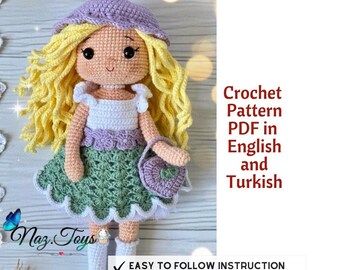 May include: A handmade crochet doll with blonde curly hair, wearing a purple hat, a white top, a green skirt, and holding a purple heart-shaped purse. The doll has a smiling face. Text on the image says "Crochet Pattern PDF in English and Turkish".