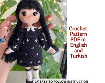 Crochet Wednesday Doll, Personalized Gift Crochet Wednesday Doll, Crochet Merlina Addams, English Pattern, Horror Gothic Doll, Gift For Her,