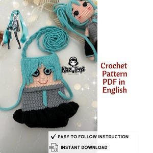 Crochet Phone Bag, Hatsune Miku Bag, Bag Pattern, Hatsune Miku Doll Bag, Anime Bag, Kawaii Bag, Vocalid Hatsune Miku, Tote Bag, Handmade
