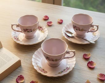MADE IN JAPAN Extra small  3 Set Tea Cups / Saucer In Blush Pink