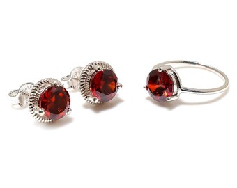 Garnet Jewelry Set – Sterling Silver Ring and Stud Earrings