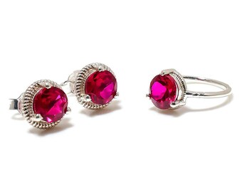 Ruby Jewelry Set – Sterling Silver Ring & Studs, July Birthstone