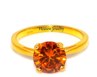 Natural Orange Topaz Gemstone Solitaire Stackable Rings for Women & Men | Round Shape Ring | 925 Sterling Silver Stylish Band For Girls