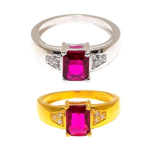 Ruby Ring in Sterling Silver or Gold Plated – Emerald Cut Stone Statement Unisex Ring