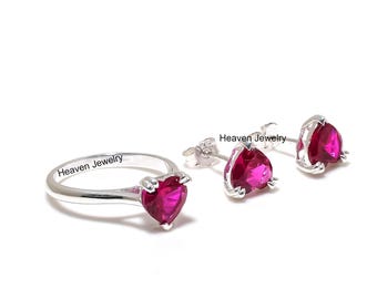 Ruby Heart Jewelry Set – Sterling Silver Ring & Stud Earrings