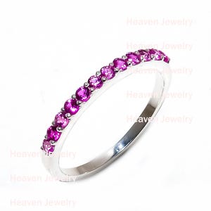 Pink Tourmaline Ring | Dainty 2mm Gemstone Band in Gold or Silver | Stackable Eternity Ring | October Birthstone Jewelry | Gift for Her