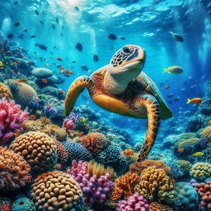 Puede incluir: Una tortuga marina verde nada a través de un vibrante arrecife de coral. La tortuga está rodeada de peces coloridos y formaciones de coral.