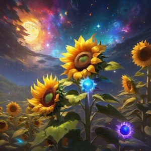 Op de afbeelding: Een veld met zonnebloemen onder een nachtelijke hemel met een volle maan en sterren. De zonnebloemen bloeien en hebben felgele bloemblaadjes. Er zweven blauwe en paarse bollen boven de zonnebloemen.
