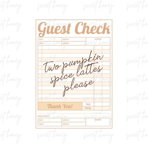 Guest Check Pumpkin Spice Latte Canva PNG editable design | Fall png | Pumpkin Latte png | Girlie png | Trendy | Autumn | Sublimation design