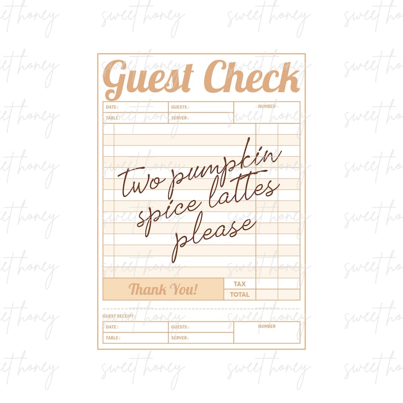 cream colored guest check with the writing two pumpkin spice lattes please in the center of the check in dark brown handwriting font.