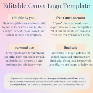Information about this editable Canva logo template: This template can be edited by you, requires a free Canva account, is final sale, and intended for personal use.