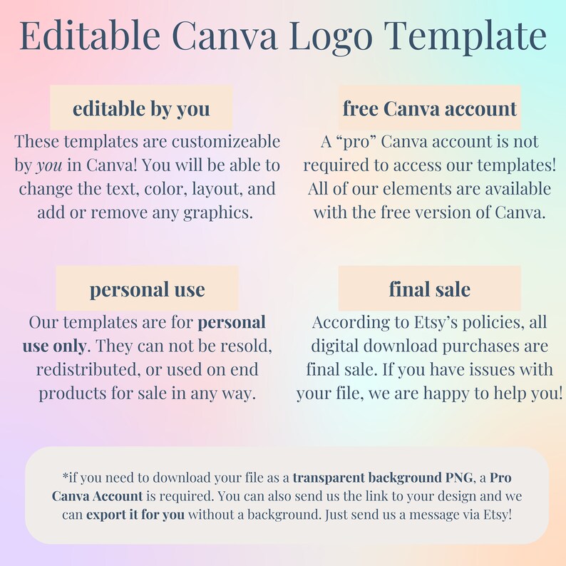 Information about this editable Canva logo template: This template can be edited by you, requires a free Canva account, is final sale, and intended for personal use.