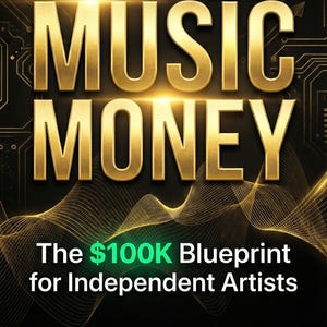 May include: Book cover with the title "THE NEW MUSIC MONEY" in gold, bold letters. Below, it reads "The $100K Blueprint for Independent Artists." The author's name, ISHOLA ADE, is at the bottom. The background is black with gold accents.
