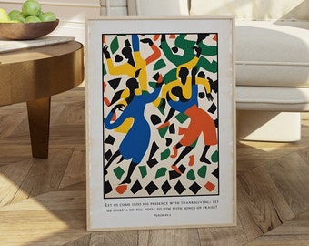 May include: A framed art print with a colorful abstract design of dancing figures in shades of blue, yellow, orange, and green. The print includes the text "Let us come into his presence with thanksgiving: let us make a joyful noise to him with songs of praise." Psalm 95:2.