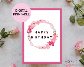 Printable Pink Flower Birthday Card | Digital Birthday Card | Floral Birthday Card | Printable Happy Birthday Card | Birthday Card Printable