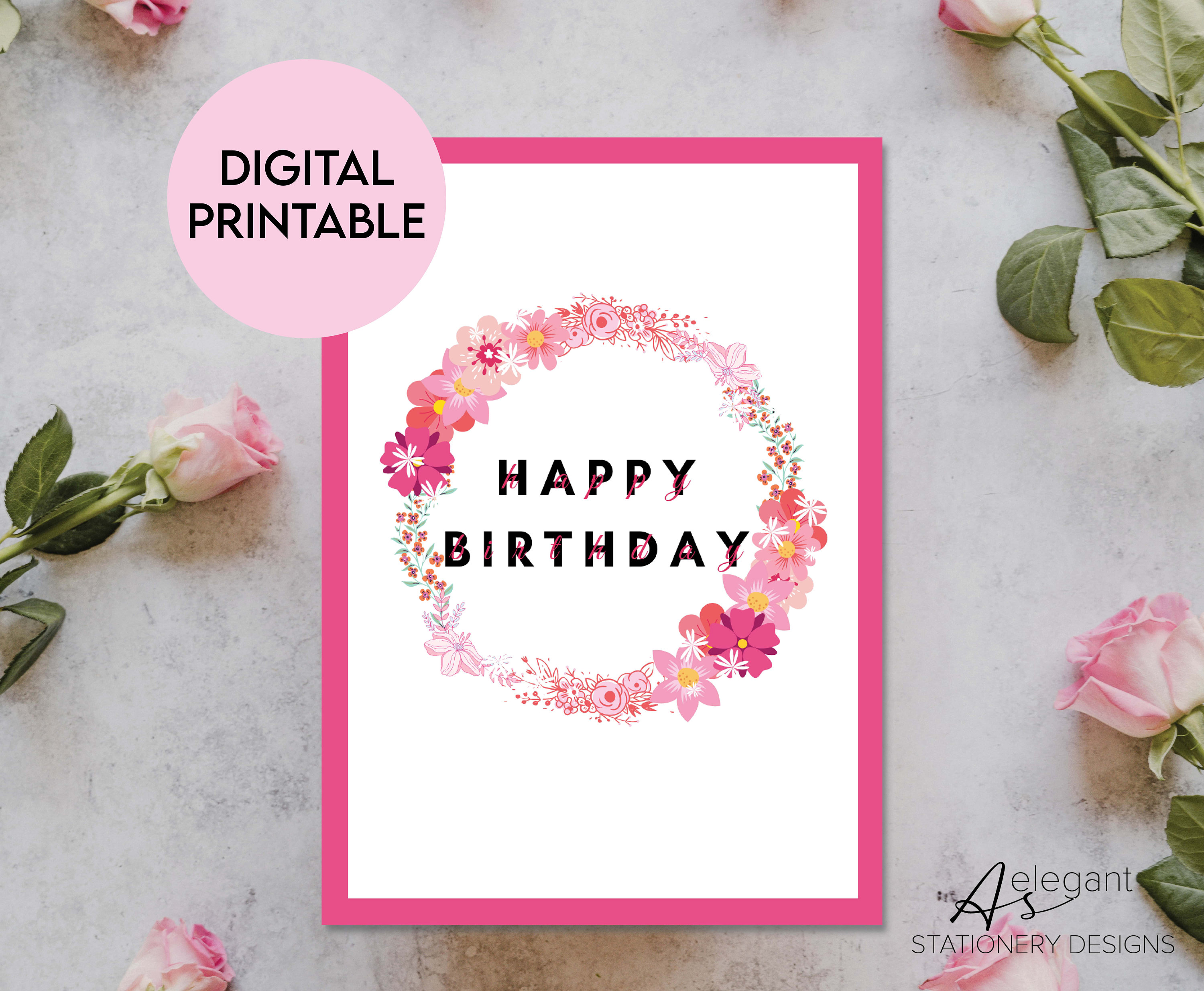 Printable Pink Flower Birthday Card | Digital Birthday Card | Floral ...