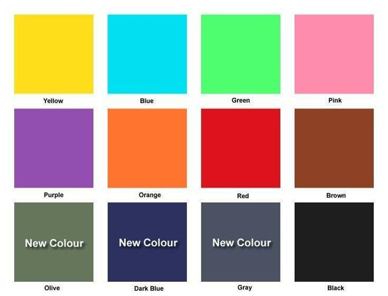 Puede incluir: Una carta de colores con 12 colores diferentes, incluyendo amarillo, azul, verde, rosa, morado, naranja, rojo, marr&oacute;n, oliva, azul oscuro, gris y negro.