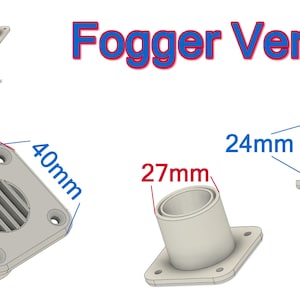 May include: A 3D model of a fogger vent with a square base and a round opening. The vent is 10 cm wide and 10 cm long. The opening is 2.5 cm in diameter. The vent is designed to be used with a fogger machine.