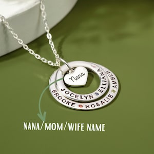 Personalized Nannie Necklace: Sterling Silver Rings, Engraved Names with Birthstone