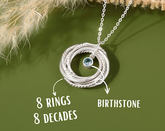 80th birthday necklace for women, 80th ladies birthday gift, 1945 gift, 8 rings for 8 decades, Gift for 80 Yr Old Woman, Mom, Wife, 80th mum