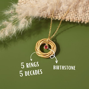 50th Birthday Necklace For Women, Birthstone, Gift for 50th Sister, 50th Birthday Jewellery, 1974 gift, 5 Rings 5 Decades, Gift for 50 Year