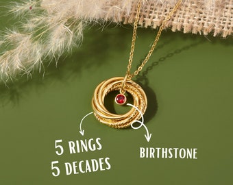 50th Birthday Necklace For Women, Birthstone, Gift for 50th Sister, 50th Birthday Jewellery, 1974 gift, 5 Rings 5 Decades, Gift for 50 Year