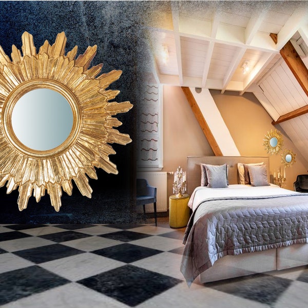 Miroir soleil exclusif de 52 cm rond dans un cadre en bois doré à l'or Eloisa