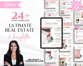 Pink Real Estate Newsletter, Real Estate Canva Templates, Real Estate Social Media, Realtor Marketing, Digital Products, Real Estate Logo