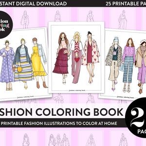 Fashion Coloring Book - 25 Digital Files - Adult Coloring Book - Hand Drawn Fashion Girl Illustrations to Color - Instant Printable Download