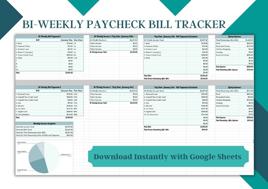 Beginner friendly bi weekly paycheck bill tracker template google