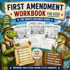 Può includere: Un quaderno di esercizi sul primo emendamento per bambini con due dinosauri a cartoni animati. La copertina mostra il titolo, The Rights Explorer Series, e una pergamena con le cinque libertà. Include pagine su parola, religione e stampa.