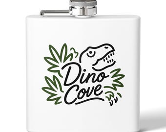 Stainless Steel 6oz hip flask, dinosaur logo, Dino Cove Theme Party Gear