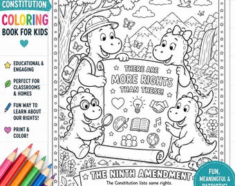 Bill of Right Malbuch für Kinder | 14 Druckbare PDF-Seiten | US Verfassung Aktivität | Gemeinschaftsarbeit Arbeitsblatt | Brontosaurus