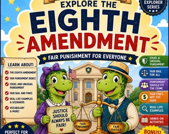 8 Zusatzartikel | Die Brontos erkunden die achte Änderung | Fair Punishment Civics Arbeitsbuch | Charta der Rechte als druckbare PDF | Heimatschule
