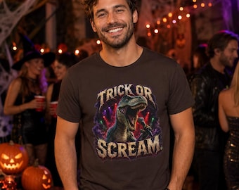 Halloween-Shirt mit Dinosaurier-Motiv: „Süßes oder Saures“ | T-Rex-Grafik-T-Shirt | Raptor Rex Bronto Brothers Shirt | Vorder- und Rückendruck