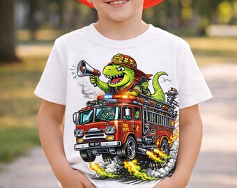 Feuerwehrmann Dinosaurier Reit Feuerwehrauto Jugend T-Shirt | "HERO MODE: ON" Rückseite