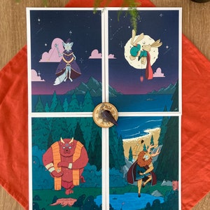 May include: Four illustrated cards featuring fantastical creatures in a forest setting. The cards are printed on white paper with a blue and green color scheme. The first card features a wolf-like creature wearing a blue robe and a pointed hat, holding a wand. The second card features a rabbit-like creature wearing a blue cape and holding a red string. The third card features a red bear-like creature wearing a brown robe and holding a small object. The fourth card features a deer-like creature wearing a blue cape and holding a bow and arrow.