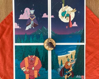 Magical illustration: The guardians of the forest - Series of 4 posters in A5 format for gifts or wall decoration