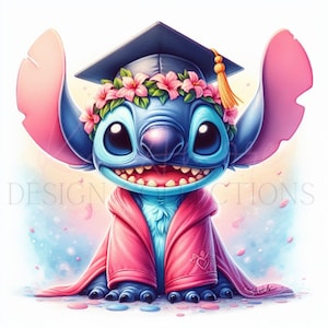 Stitch Watercolor Graduation PNG for sublimation, DTF.