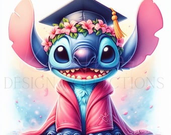 Stitch Watercolor Graduation PNG for sublimation, DTF.