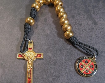 Handmade Indestructible Saint Benedict Pocket Rosary protection - metal gold beads with gold/red cross