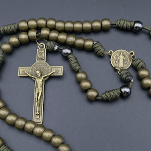 Indestructible Rosary - Heavy-duty Metal bronze-tone beads and 2.5&quot; Benedict Protection Rosary olive green - handmade