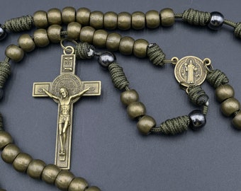 Indestructible Rosary - Heavy-duty Metal bronze beads and 2.5" Benedict Protection Rosary olive green - handmade