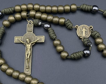 Indestructible Rosary - Heavy-duty Metal bronze beads and 2.5" Benedict Protection Rosary olive green - handmade