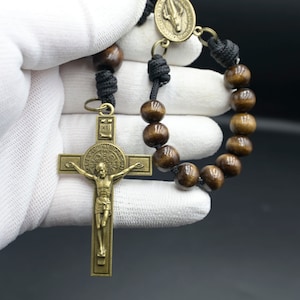 Wood beads Pocket Rosary -  Indestructable One Decade Auto Rosaries - Bronze saint benedict crucifix 2.5&quot;