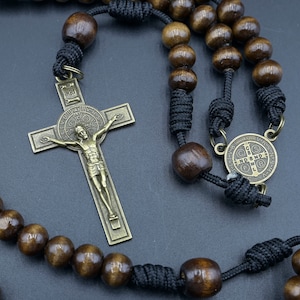 Handmade Indestructible - Natural Wood Rosary-  2.5&quot; Bronze Benedict crucifix - handmade-black