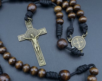 Handmade Indestructible - Natural Wood Rosary-  2.5&quot; Bronze Benedict crucifix - handmade-black