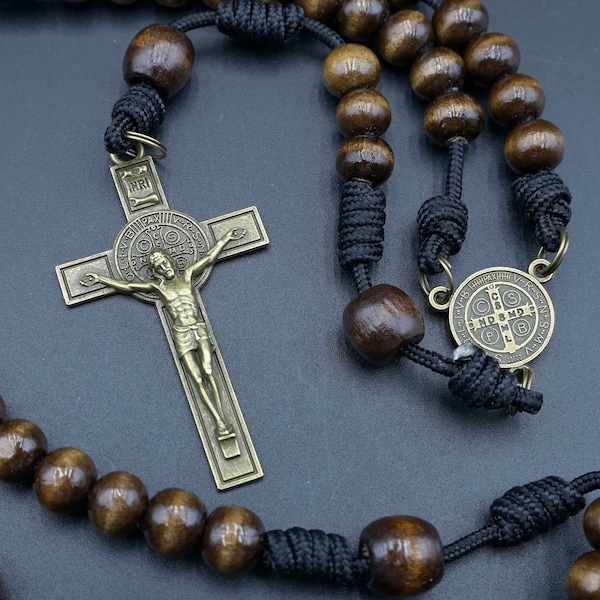 Handmade Indestructible - Natural Wood Rosary-  2.5" Bronze Benedict crucifix - handmade