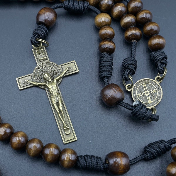 Handmade Indestructible - Natural Wood Rosary-  2.5" Bronze Benedict crucifix - handmade-black